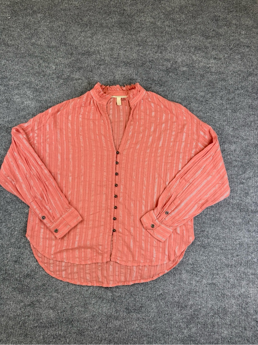 Anthropologie Pilcro Tavi Blouse XS Coral Metallic Stripe Ruffle Button Down